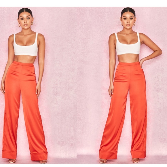 House of CB ‘Ayain' Dark Orange Wide Leg Satin Trousers - Picture 2 of 6